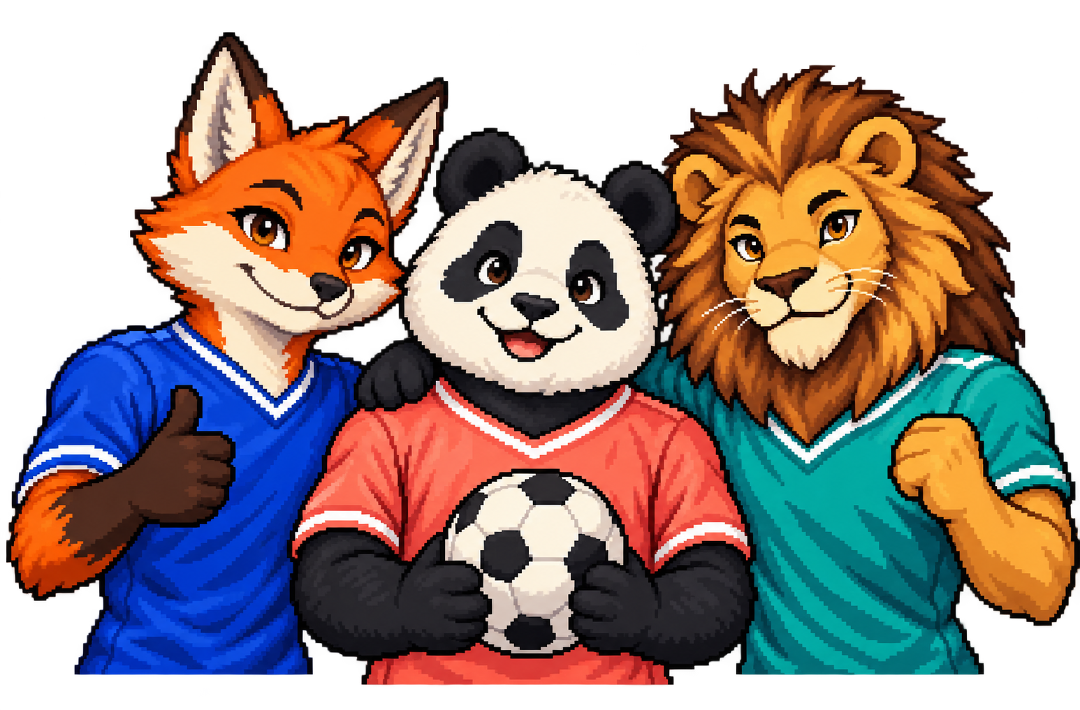 Our original football crew: a fox, a panda and a lion